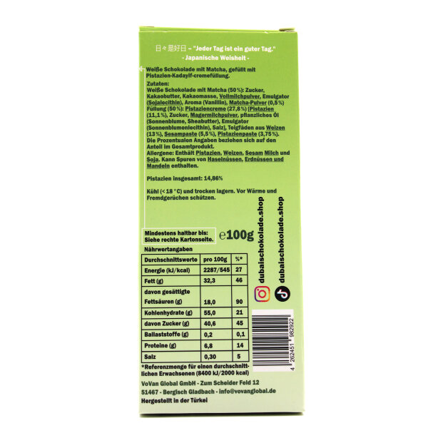 MYTCHA Matcha Pistachio-Kadayif (100 g) – Matcha-Schokolade mit Pistaziencreme, Dubai Style