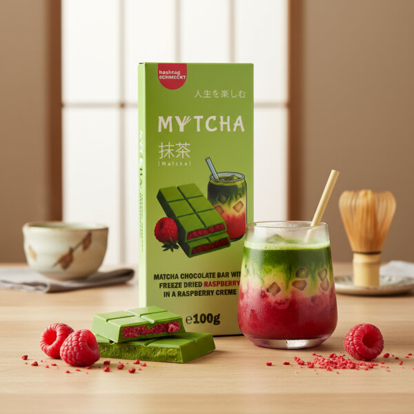 MYTCHA Matcha Raspberry – Weiße Matcha-Schokolade mit Himbeer-Creme und gefriergetrockneten Himbeeren (100 g)