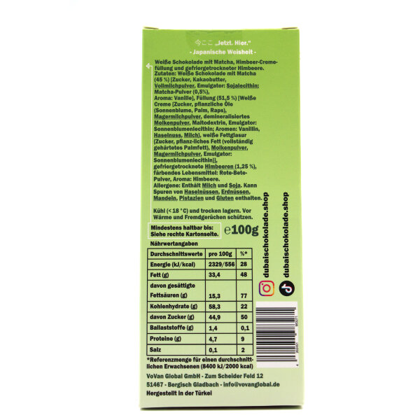 MYTCHA Matcha Raspberry – Weiße Matcha-Schokolade mit Himbeer-Creme und gefriergetrockneten Himbeeren (100 g)