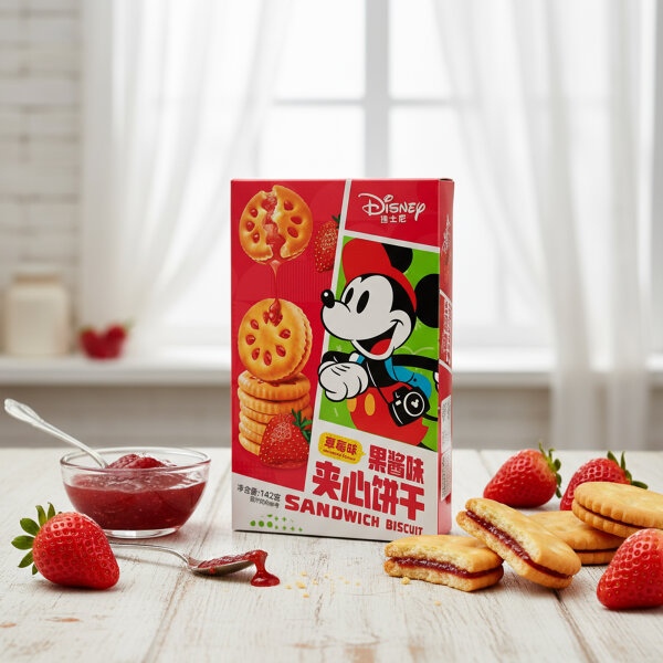 Disney × BinQi Strawberry Sandwich Biscuits – Erdbeer-Doppelkekse mit Fruchtfüllung (142 g)