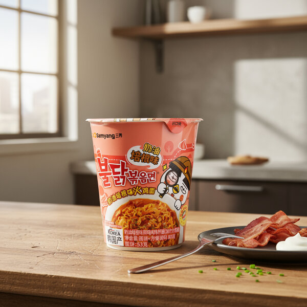 Samyang Buldak Carbonara Cup Ramen – Koreanische scharfe Instantnudeln mit cremigem Bacon-Käsegeschmack (80 g)