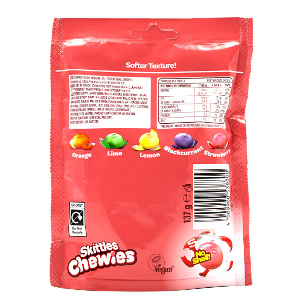 Skittles Chewies Fruits No Shell 137g UK Import