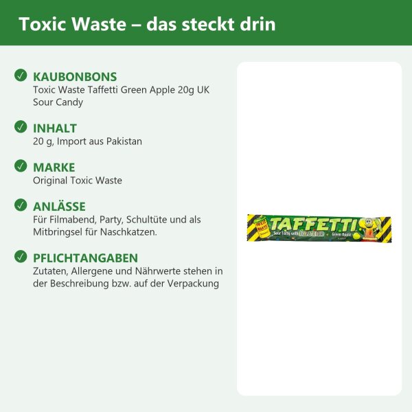 Toxic Waste Taffetti Green Apple 20g UK Sour Candy