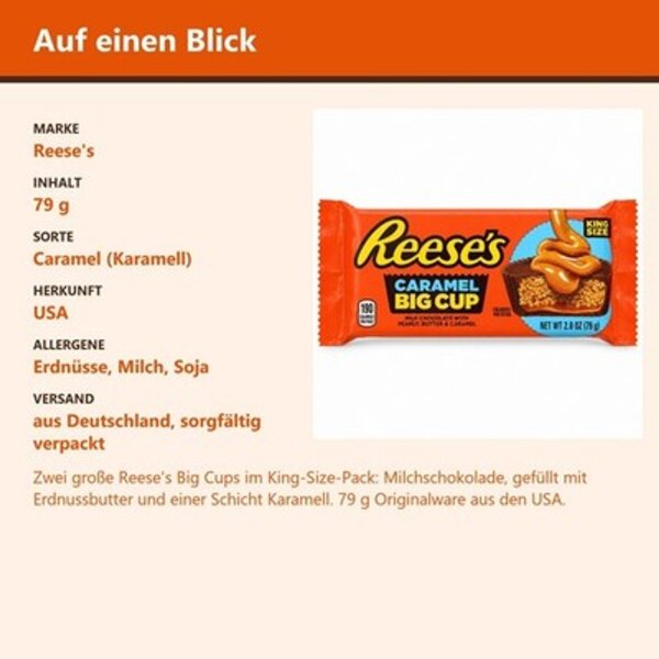 Reeses Caramel Big Cup King Size 79 g – Milchschokolade mit Erdnussbutter & Karamell, USA