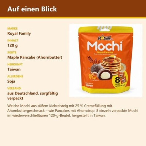 Royal Family Mochi Maple Pancake 120 g – 8 Reiskuchen mit Ahornbutter-Cremefüllung, Taiwan