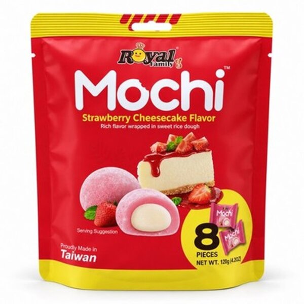 Royal Family Mochi Strawberry Cheesecake 120 g – 8 Reiskuchen mit Erdbeer-Käsekuchen-Füllung, Taiwan