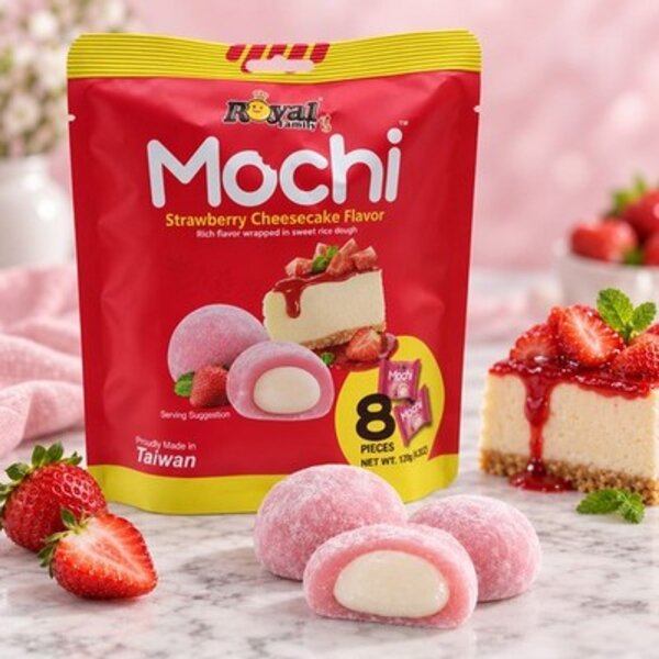 Royal Family Mochi Strawberry Cheesecake 120 g – 8 Reiskuchen mit Erdbeer-Käsekuchen-Füllung, Taiwan