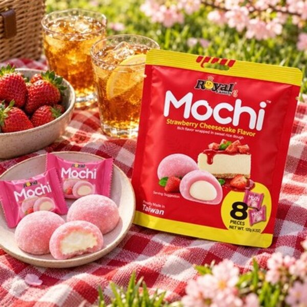 Royal Family Mochi Strawberry Cheesecake 120 g – 8 Reiskuchen mit Erdbeer-Käsekuchen-Füllung, Taiwan