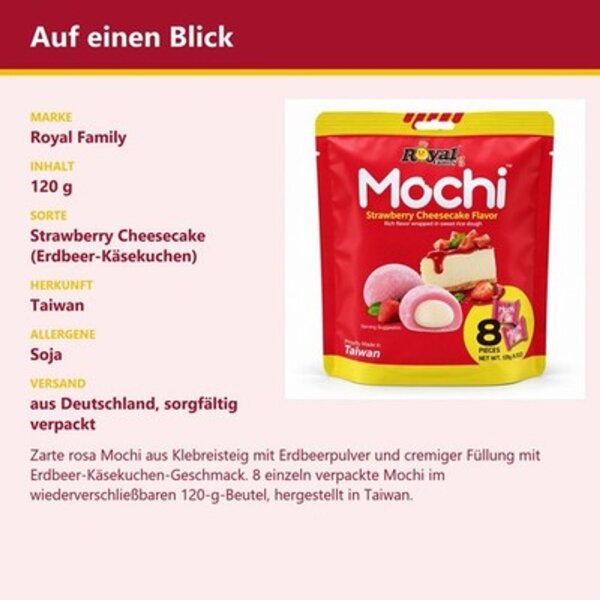 Royal Family Mochi Strawberry Cheesecake 120 g – 8 Reiskuchen mit Erdbeer-Käsekuchen-Füllung, Taiwan