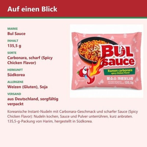 Bul Sauce Ramen Carbonara 135,5 g – scharfe koreanische Instant-Nudeln, Spicy Chicken Flavor
