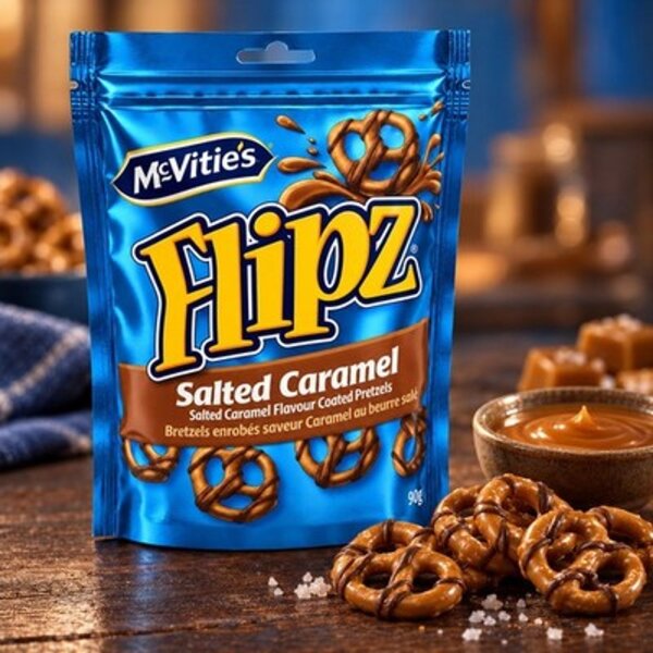 McVities Flipz Salted Caramel 90 g – Brezeln mit Salz-Karamell-Überzug und Schoko-Streifen