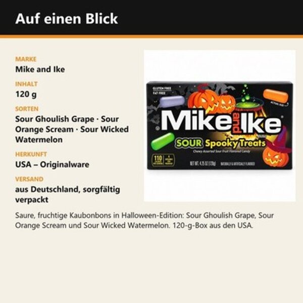 Mike and Ike Sour Spooky Treats 120 g – saure Halloween-Kaubonbons Traube, Orange & Wassermelone