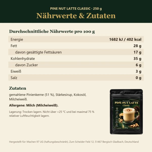 M97 Factory Pine Nut Latte Classic 250 g – Pinienkern-Latte Getränkepulver mit 51 % Pinienkernen, koffeinfrei