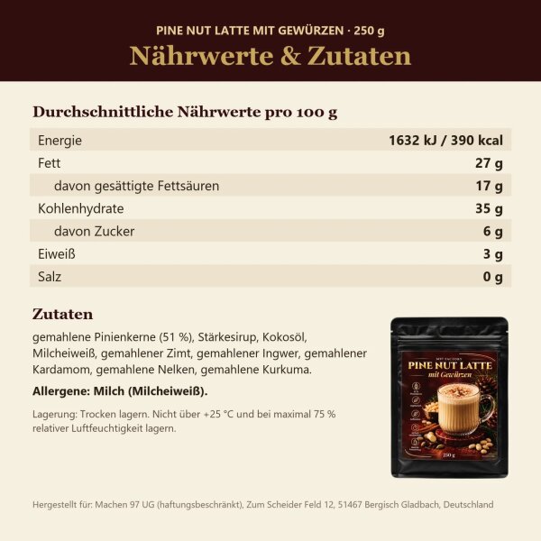 M97 Factory Pine Nut Latte mit Gewürzen 250 g – Pinienkern-Latte mit Zimt, Ingwer, Kardamom, Nelken & Kurkuma